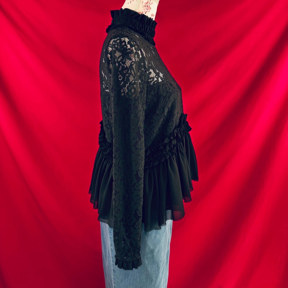 TUCKERNUCK Black Lace Ruffle Peplum Myla Top Mock Neck Long Sleeve Blouse XS - Picture 13 of 17